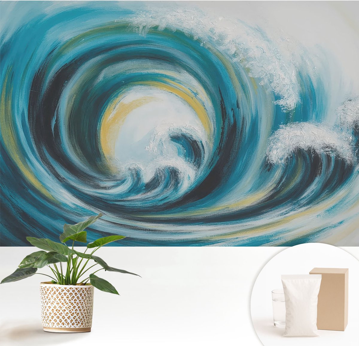 Wallfluent Fotobehang - Turkoois Vliesbehang - 152x104 cm - Zeegolf Fotobehang Vlies - Woonkamer behang Deel - Muurschildering - Hal behang