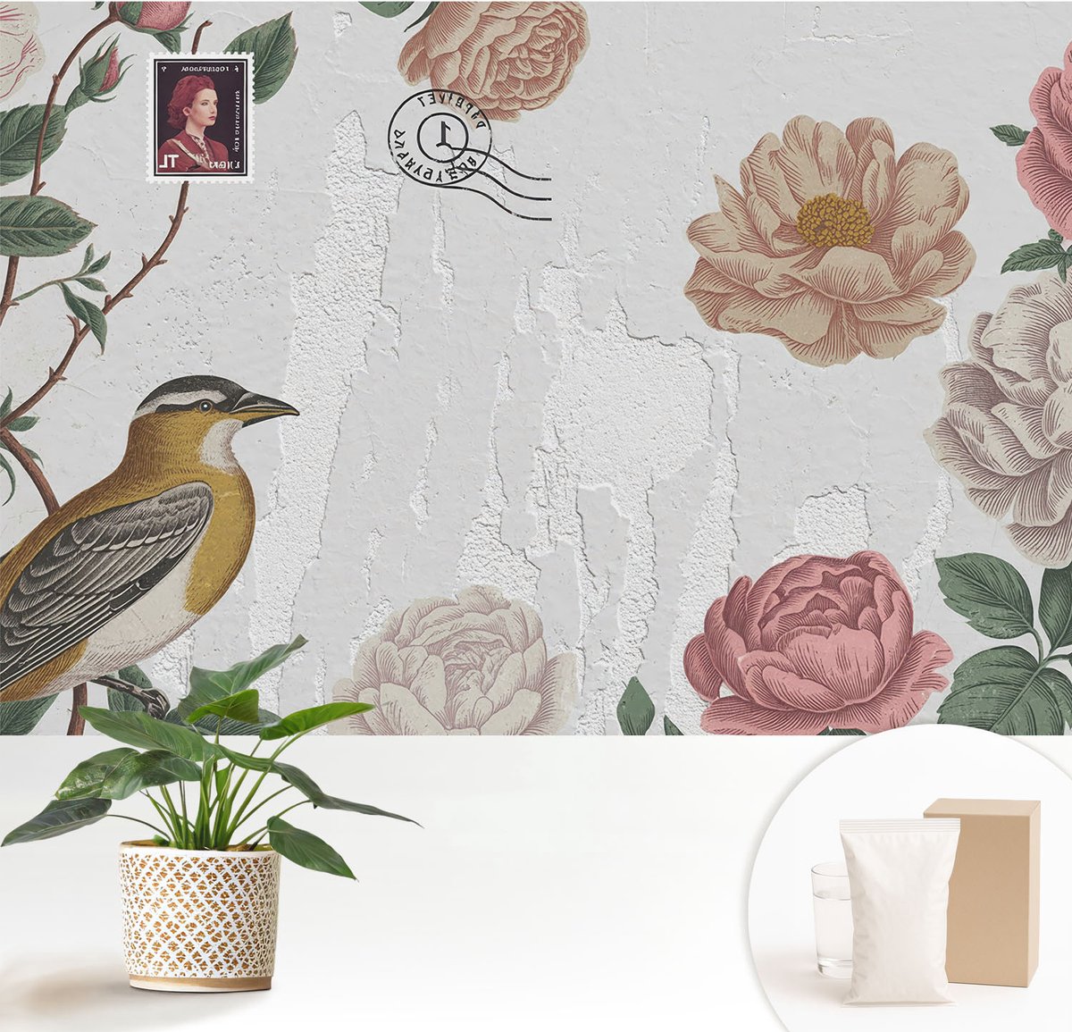 Wallfluent Fotobehang - Wit Vliesbehang - 152x104 cm - Vintage Bloemen Fotobehang Vlies - Woonkamer behang Bloemen En Planten - Muurschildering - Woonkamer behang