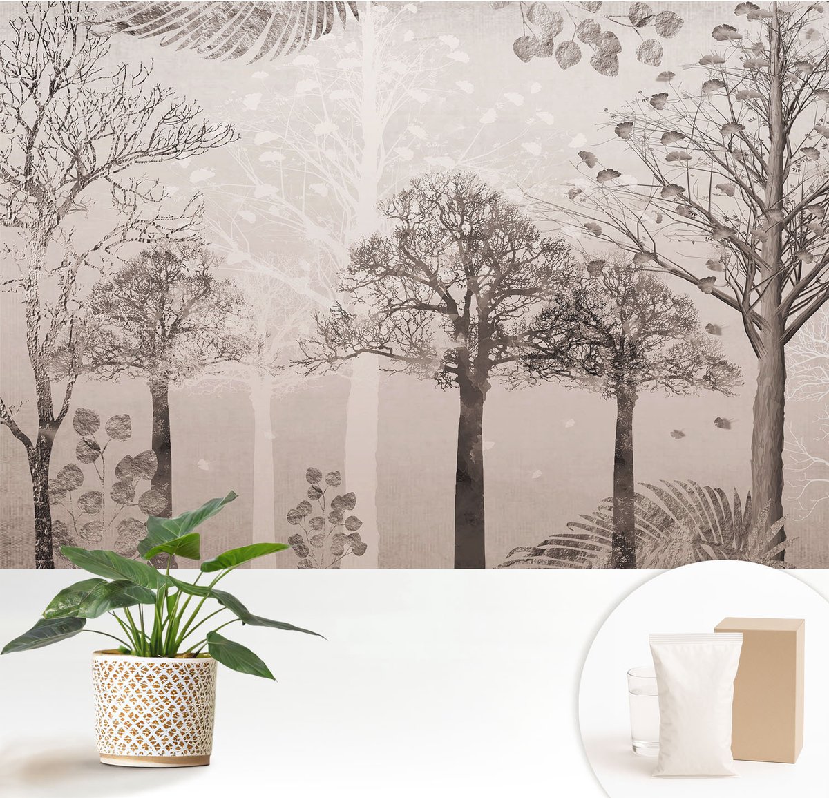 Wallfluent Fotobehang - Beige Vliesbehang - 152x104 cm - Kwetsbare Bomen Muurschildering - Gang behang Bloemen En Planten - Fotobehang Vlies - Gang behang