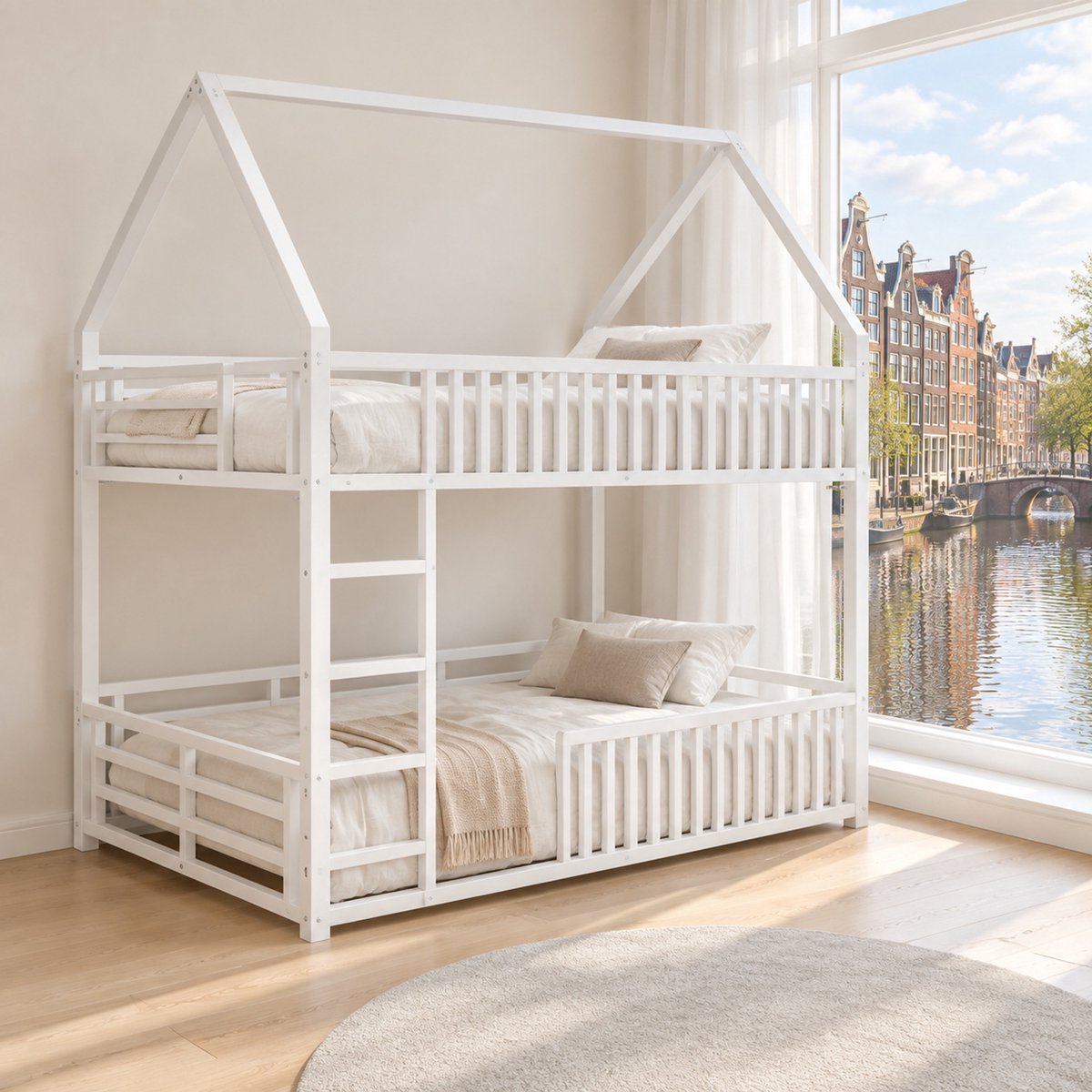 WUVRIE Huis-stapelbed 140x200 cm met hekwerk, ladder en LED-verlichting met 7 kleuren, wit metaal