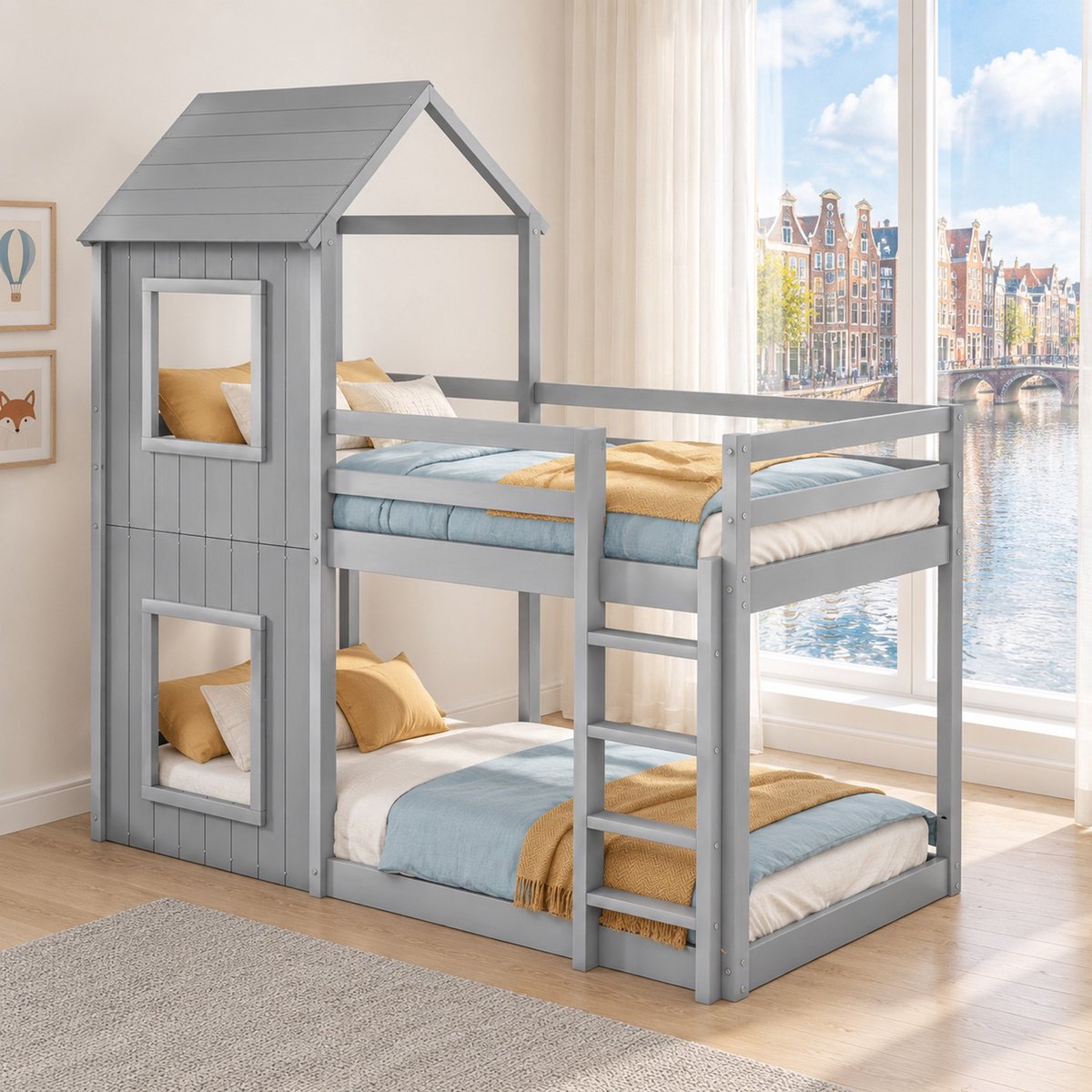 WUVRIE Stapelbed 90x200 cm met ladder, veiligheidshekken en huisframe, grijs kinderbed