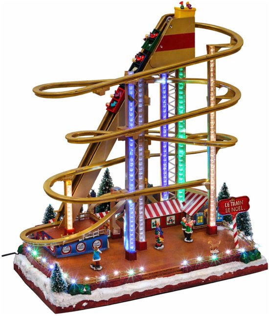 Feeric Christmas Kerstdorp tafereel - achtbaan -met beweging en licht - 46 cm - kermis