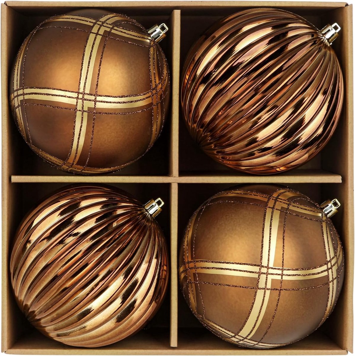 Kerstballen van 12 cm, grote glanzende kerstboomversiering, kerstdecoratie met cadeaupakket, ophanghaakjes, kerstboomversiering, brons, kerstboomdecoratieset voor kerstboom