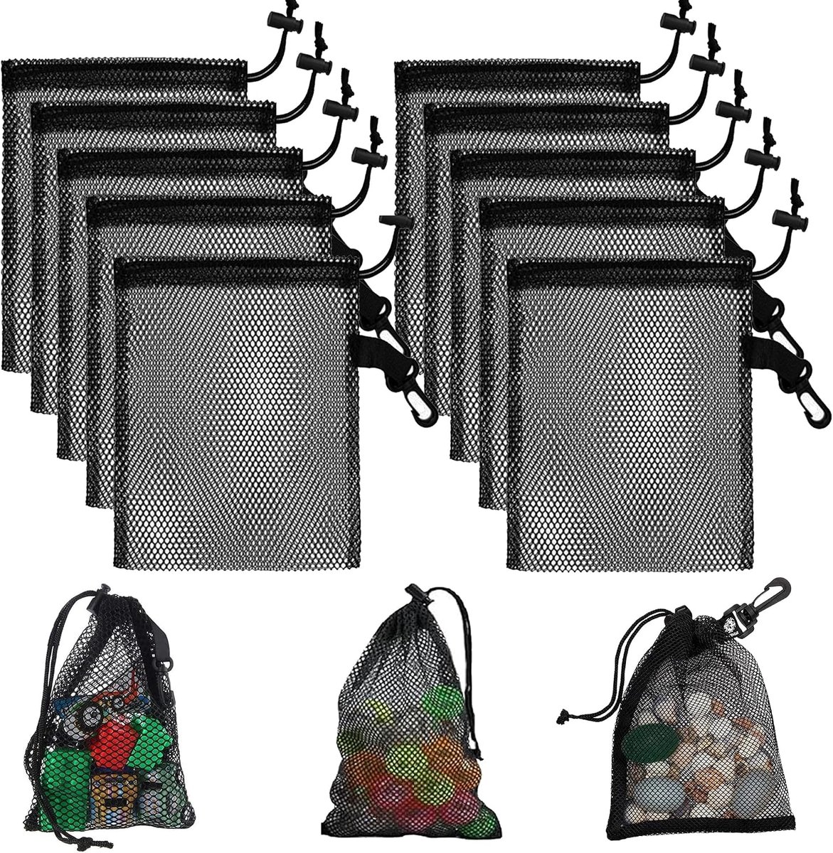 Laeeyin 10 stuks zwarte netvakken met trekkoord, mesh tas, draagbare opbergzakken voor speelgoed, sport, opslag, duiken, outdooractiviteiten en meer, Zwart-20 x 30 - 10 stuks