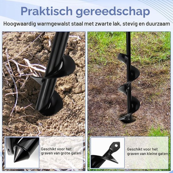 Grondboor voor accuschroevendraaier, zwart, grondboor voor boormachine, tuinboor voor het losmaken van de grond en graven van gaten in de tuinbouw (8 cm × 30 cm + 4 cm × 22 cm) — afbeelding 4