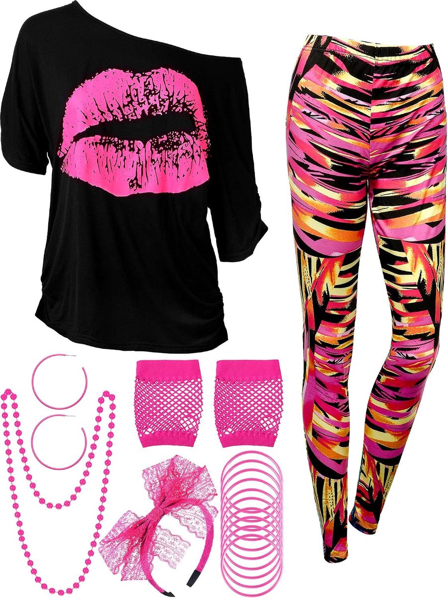 80s Vrouwen Kostuum Set, Lippen Print Off Shoulder T-shirt, Geometrische Legging Broek Oorbel Ketting Handschoenen Armband