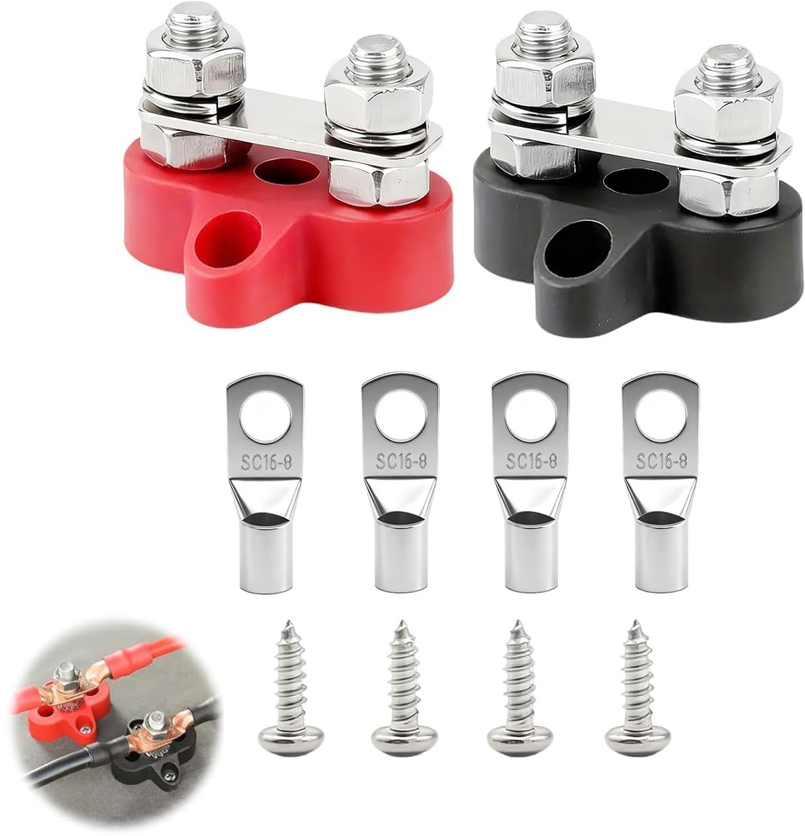 2 Stuks M8 Dubbele Pool 12V-48V Batterijdistributieklem voor Auto, Vrachtwagen, Boot, Elektrische Klem Zwart en Rood met Efficiënt en Duurzaam Bedrading (Dubbele M8)