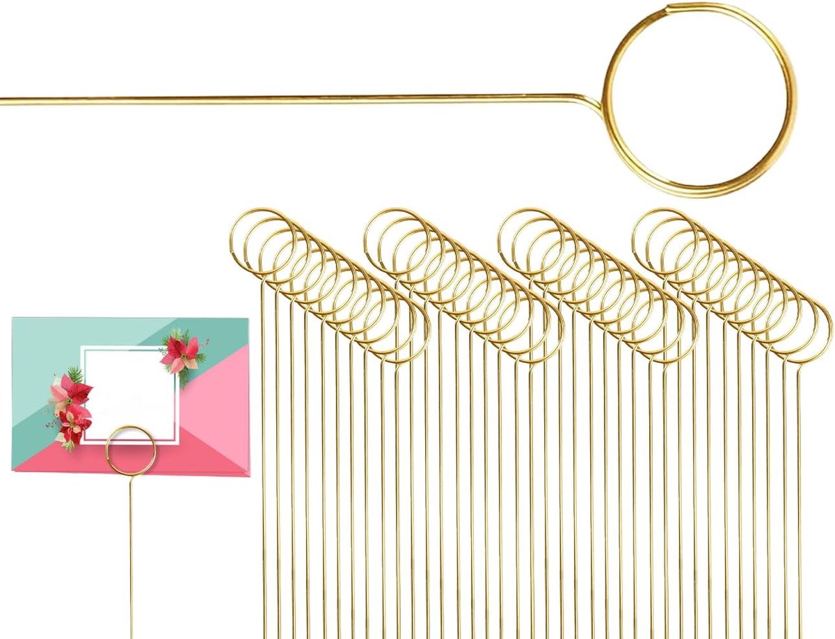 Set van 40 plaatskaarten, metalen bloemenhouders, fotolijsten, bloemenplectrumhouders van metaaldraad, ringclip, fotolijsten, voor verjaardag, bruiloftsfeest (rond, goud)