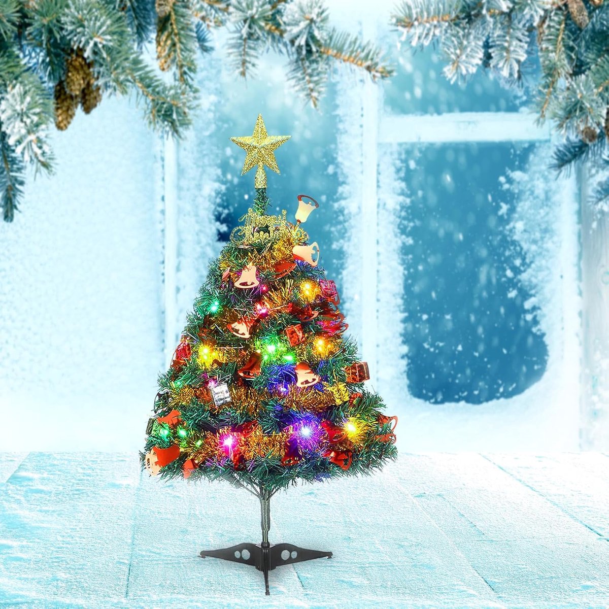 60 cm, met verlichting, kunstkerstboom, dennenboom voor Kerstmis, decoratie, tafeldecoratie, etalage, kantoor