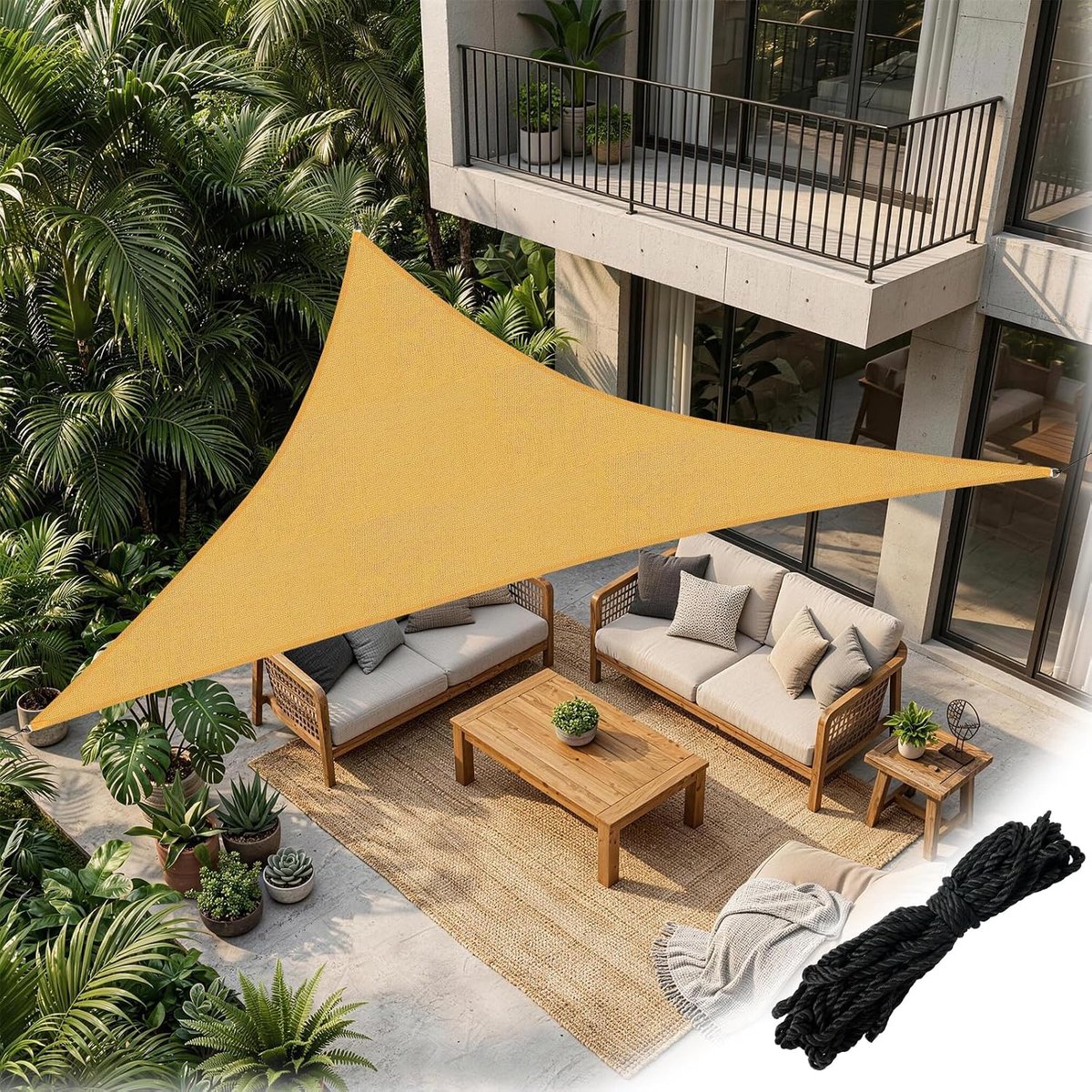 Zonnezeil, gelijkzijdig, 3 x 3 x 3 m, HDPE, uv-bescherming, hoge weerstand, voor buiten, terras, tuin, binnenplaats, inclusief bevestigingskoord, abrikoos