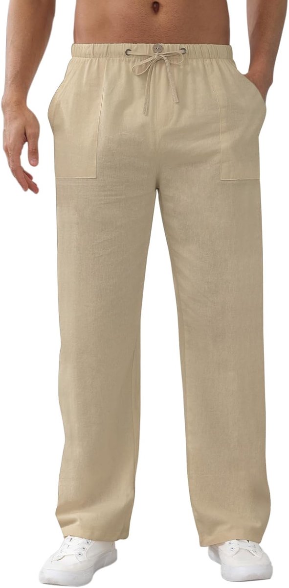 Zomerbroek voor heren, linnen broek, lichte zomerbroek, losse vrijetijdsbroek met zakken, elastische tailleband en trekkoord