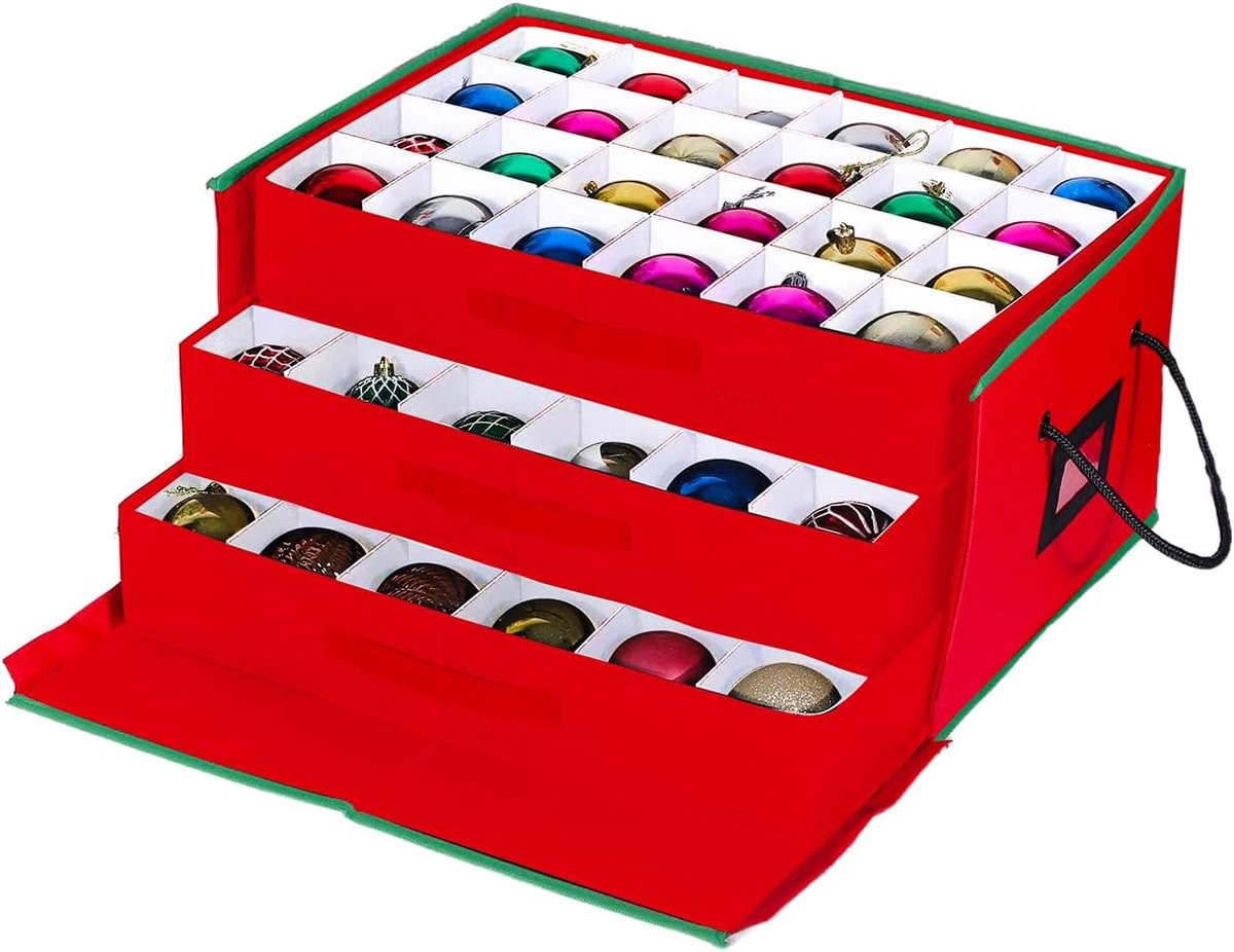 Versiering met 3 uittrekbare laden voor 72 kerstballen, stijf frame van TNT 51 x 35 x 24 cm, robuuste ritssluiting en transparant etiket voor netjes opbergen