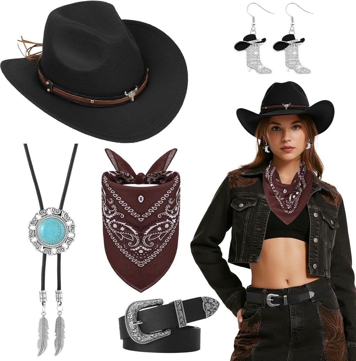 5 stuks western cowgirlhoedset voor dames, cowgirl kostuum, accessoireset met hoed, halsketting, oorbellen, riem, bandana, voor Halloween, gemaskerd bal, cosplay feestjes
