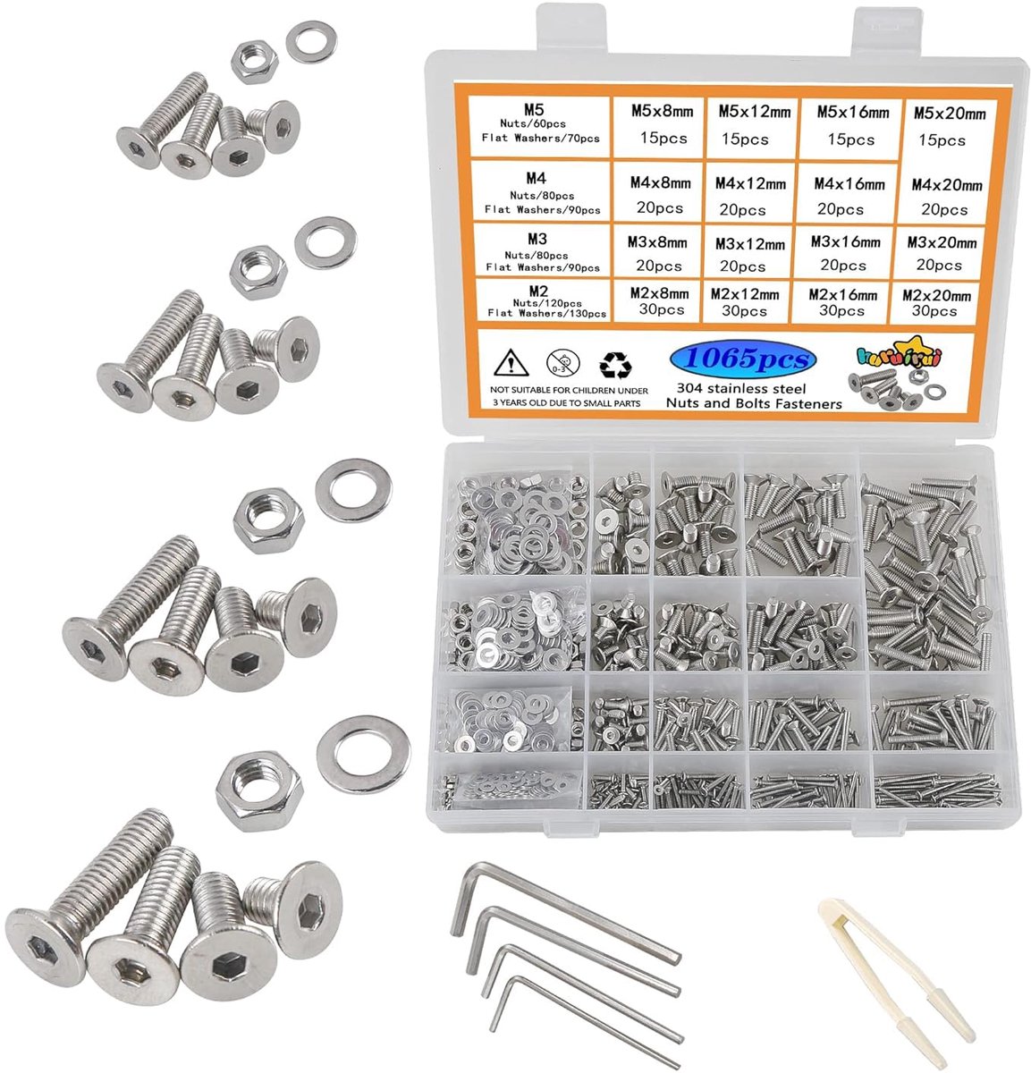 Set moeren en bouten, M2, M3, M4, M5, sluitringen, 304 roestvrij staal, 1065 stuks, cilinderkopschroeven, schroefdraad, machine, zeskantige bouten, reparatiegereedschap
