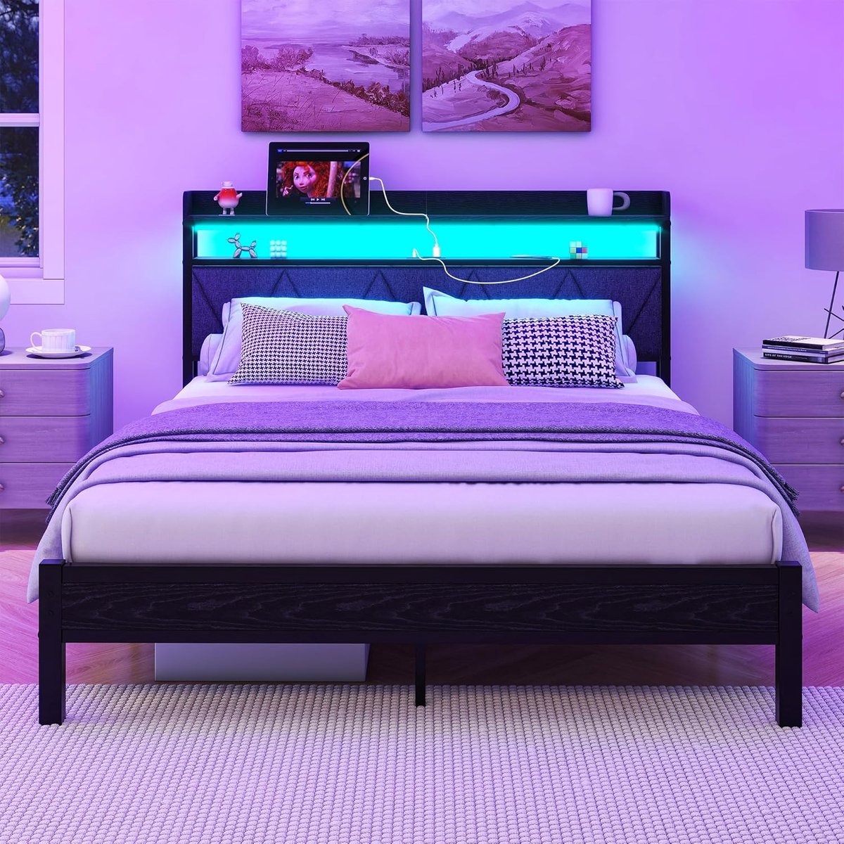 Bed, bedframe, 140 x 200 cm, tweepersoonsbed bedframe met led en laadstation, bedframe met opbergruimte, jeugdbed, logeerbed met hoofdeinde, perfect voor slaapkamer, logeerkamer