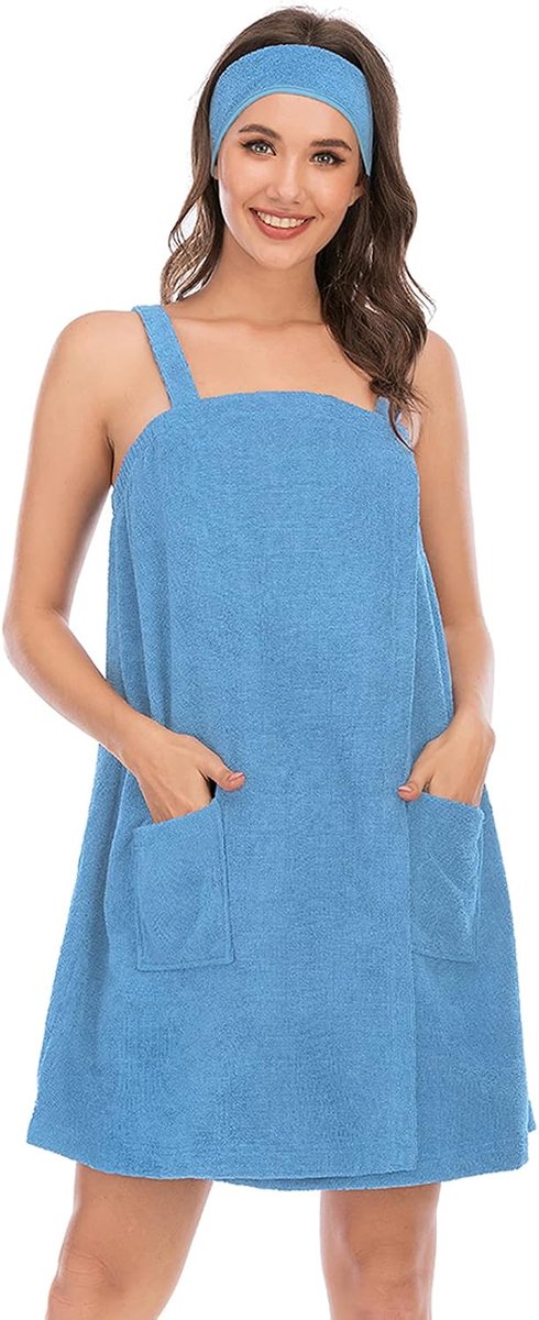 Verstelbare Handdoekwikkels Badjas met Hoofdband voor Sportschool Douche Sauna Spa & Strand Gewaden Blauw S
