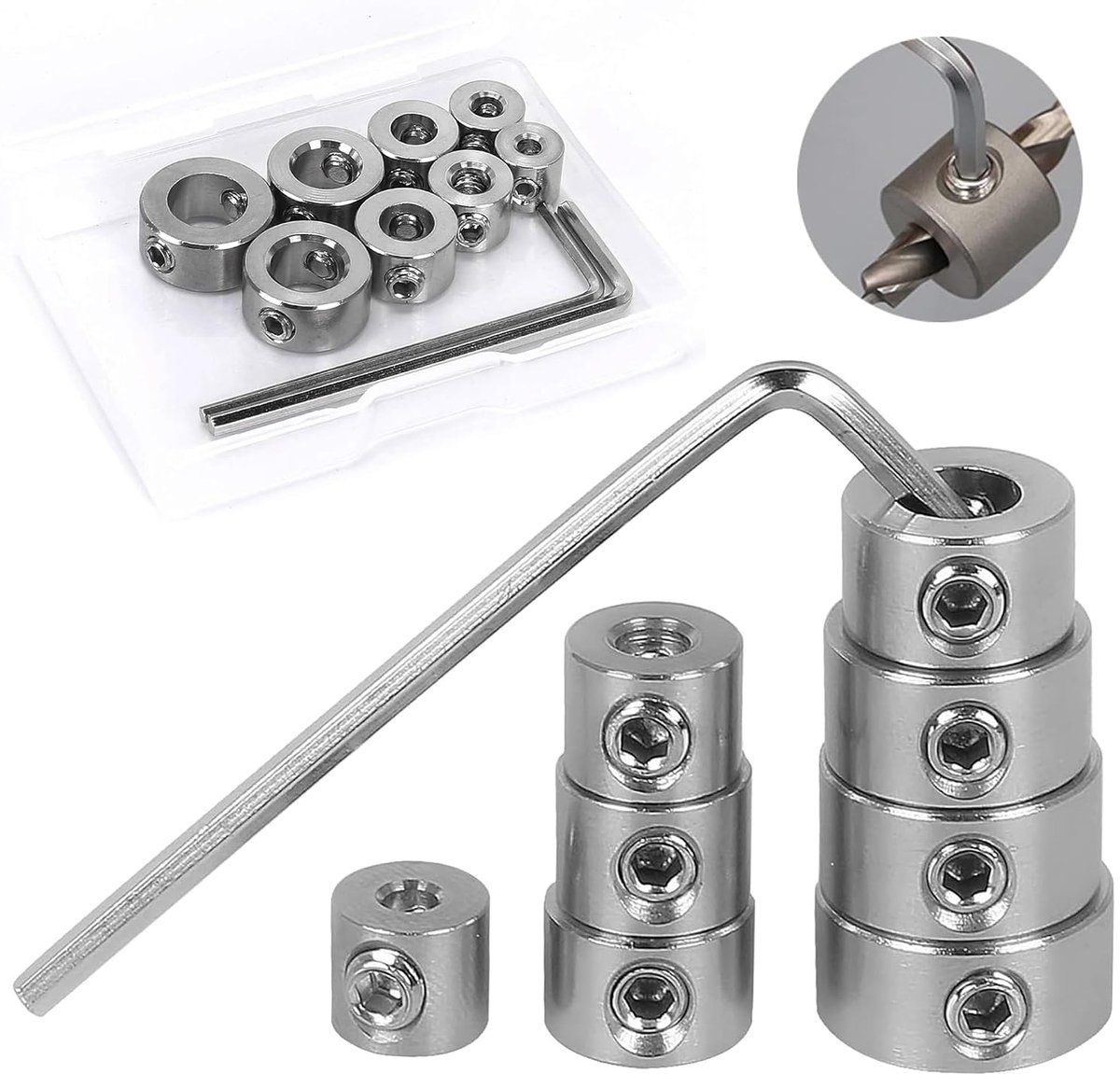 3-10 mm Boorstopkraagset, 8-delig Diepteaanslagringen Set, Instelringset met Zeskantsleutel voor Boordiepte, HSS-locator Dieptebegrenzer voor Boren Houtbewerking Dieptebegrenzer