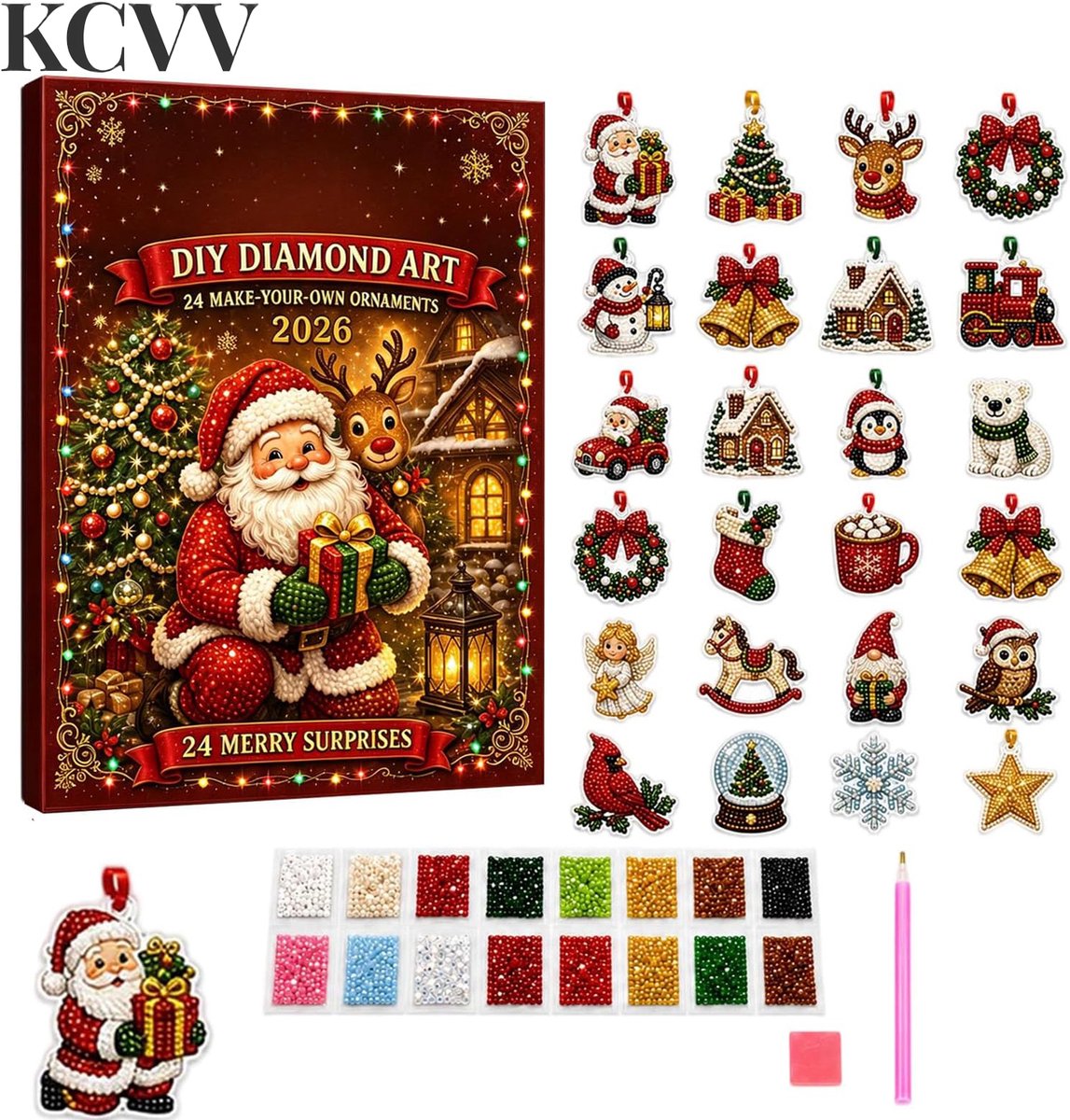 adventskalender 2026-advent kalender 2026-adventskalender kinderen-Kerst adventskalender met diamantschildertechniek 2026 - DIY knutselproject - Hangende decoratie - Geschikt voor familieactiviteiten en vakanties - Rood - 26x18x3cm