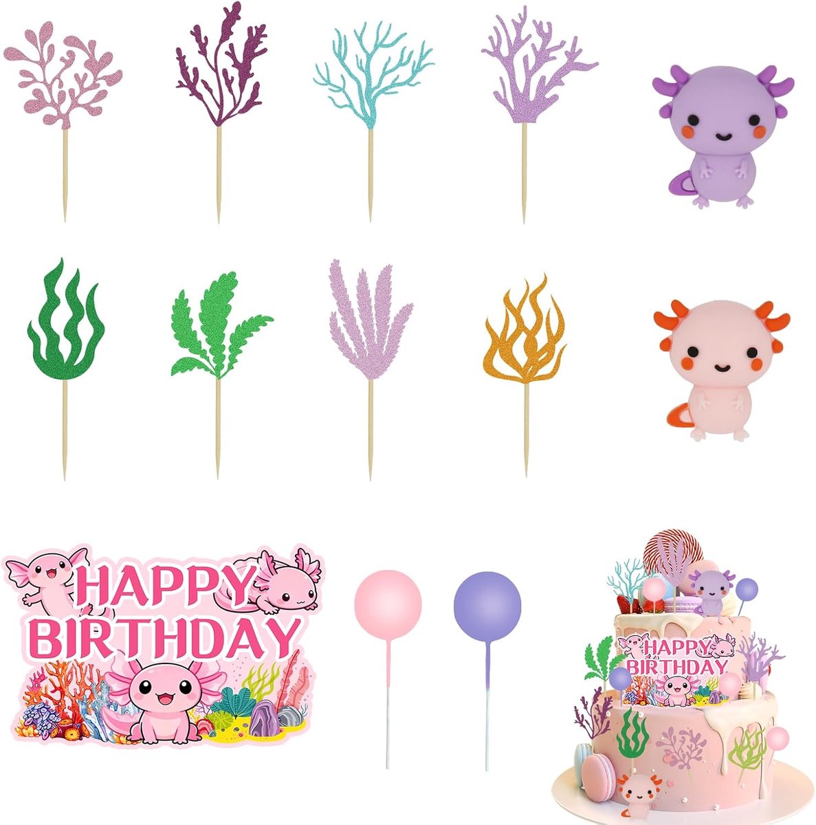 Set van 21 Axolotl-taarttoppers, schattige onderwatertaartdecoraties met roze en paarse Axolotl-figuren, benodigdheden voor cupcakes en desserts met oceaanthema voor een verjaardagsfeestje ocean cake