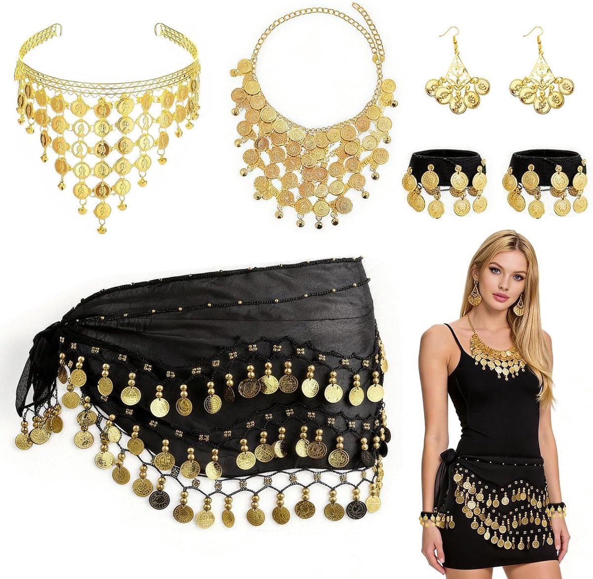 Buikdanskostuum voor dames, 7 stuks, met heupdoek, hoofdtooi en sieraden, buikdanskostuum voor dames, met gouden munten, zwarte waarzeggerkostuum, voor buikdanseres, show, party, studie