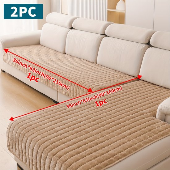 Beige L-vormige bankhoes met geruite textuur op een beige bank. Afmetingen 90x210cm en 90x160cm aangegeven.