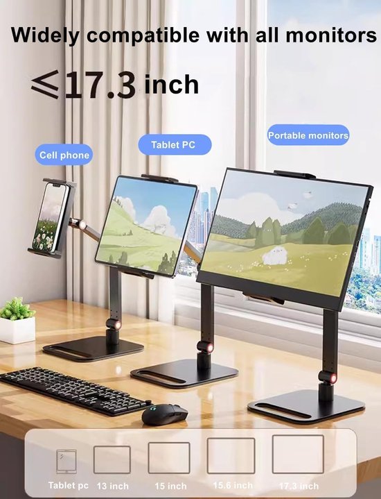 Monitorhouder voor 12-17,3 inch scherm, metalen standaard, 16 inch, universeel, uitbreidbaar display, 12,9 inch tabletstandaard, verstelbaar, 360 graden draaibare monitor, — afbeelding 4