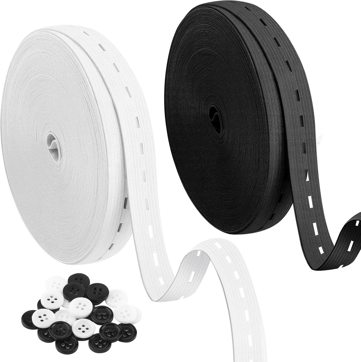 Set van 2 elastieken banden met knopen, 30 m knoopsgat-elastiek, 20 mm breedte, met 30 oogknopen, naaivriendelijke elastische band voor broeken, rokken en sportkleding, zwart/wit