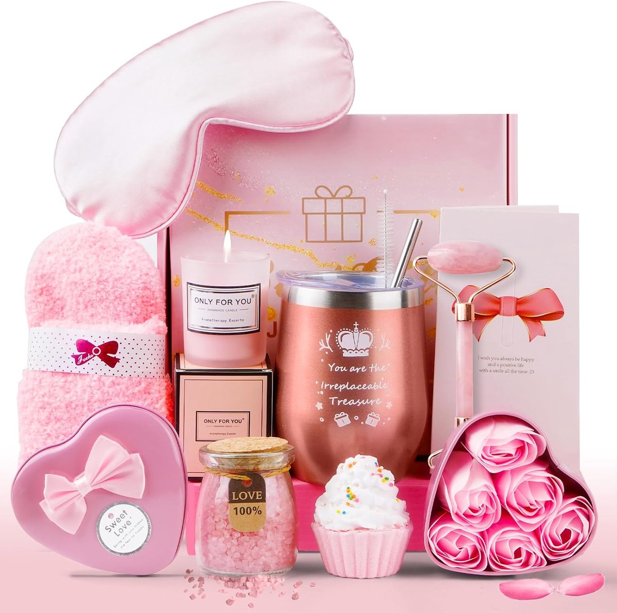 Cadeauset voor vrouwen, cadeau vriendin & mama met geurkaars en lichaamsverzorging, voor vrouwen 15-60, wellnesscadeau voor zus en beste vriendin, 11-delige set (roze)