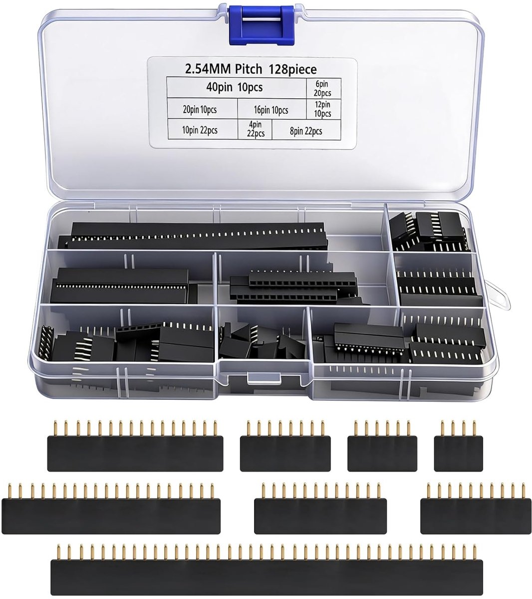 128 stuks printplaat connectoren 2,54 mm assortiment rechte enkele rij printplaat vrouwelijke stapelbare enkele rij pinnen lengte 11 mm (4/6/8/10/12/16/20/40 pin)