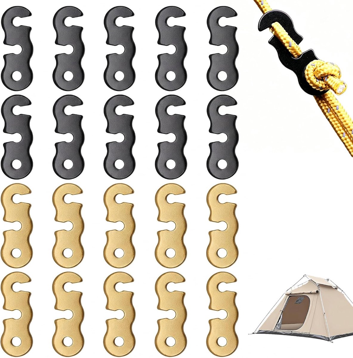 20 stuks windtouwgesp, aluminiumlegering, tenttouwspanner en koordversteller voor kamperen en buitenactiviteiten (zwart, goud)