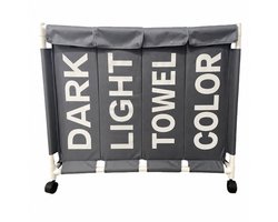 Lowander wasmand met deksel 120 liter - Wassorteerder met 4 vakken - Op wieltjes - Dark Light Towel Color - Wasverzamelaar met zwenkwielen - Grijs / Wit
