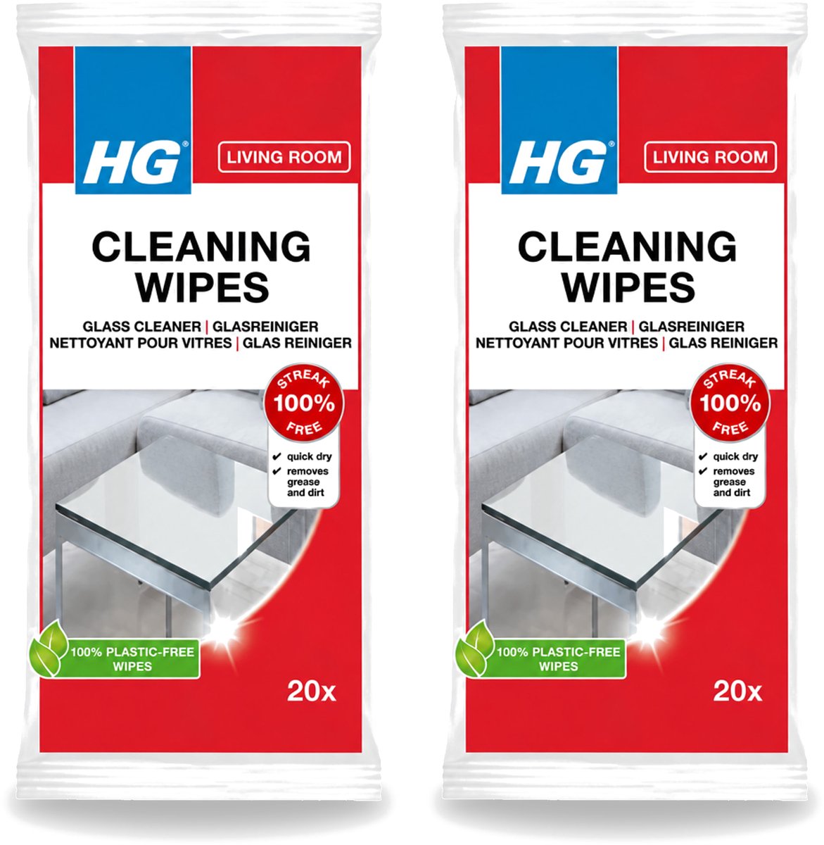 2 x HG - Woonkamer - Glasreinigingsdoekjes - Reinigt Streeploos - 20 Doekjes - Bulkverpakking - 2 stuks