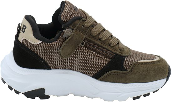 Bruine Develab sneaker met beige en zwarte accenten, rits en witte zool.