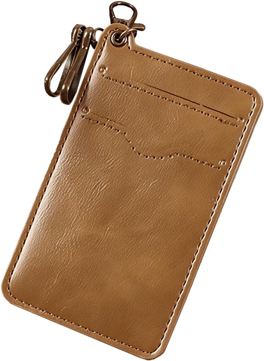 Minimalistische etui van PU-leer, voor voorvak, retro bruin van fijn leer, voor creditcards, portemonnee met metalen sluiting en sleutelhanger