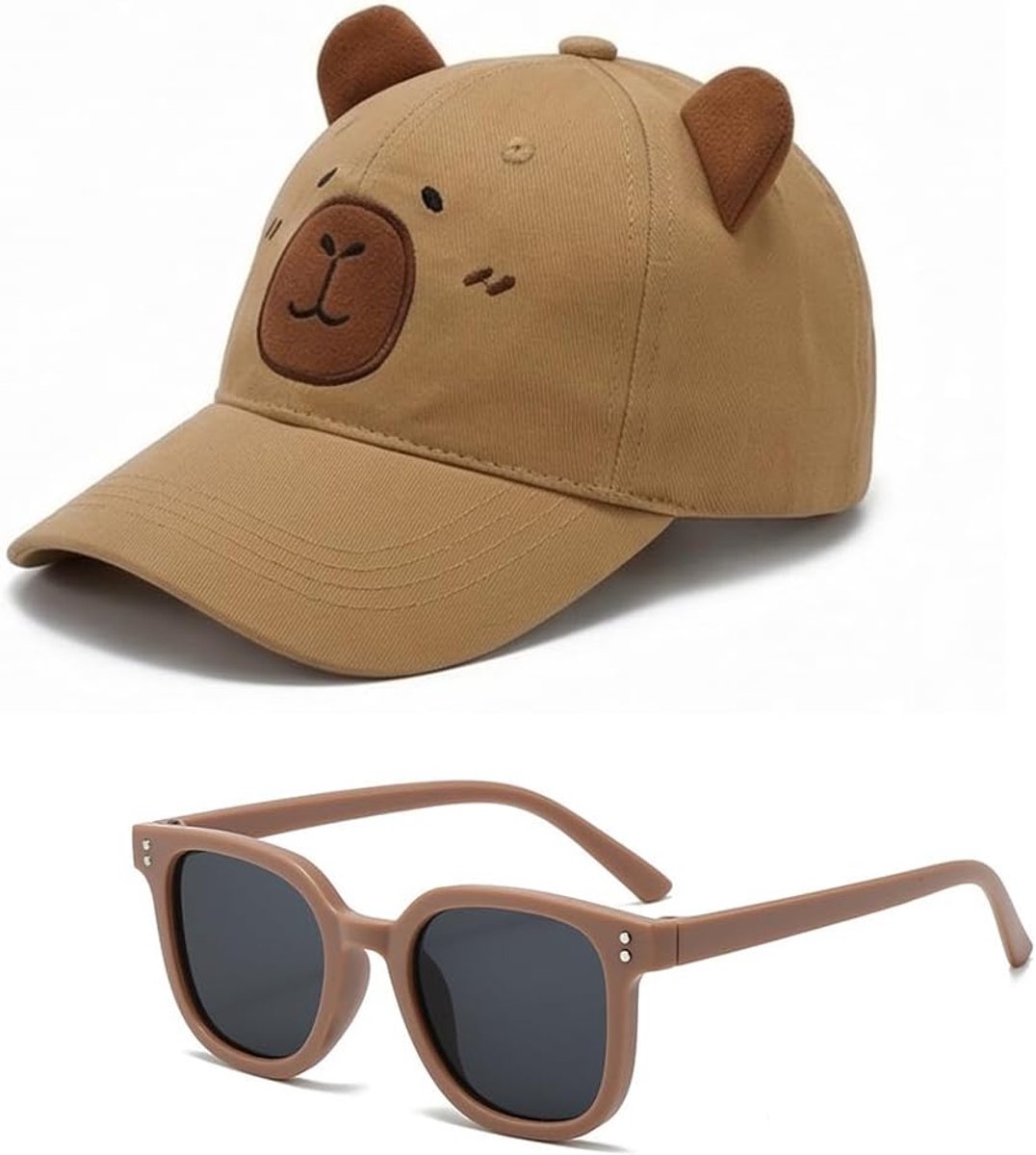 Baseballpet voor Kinderen, 2 Delige Capybara Baseballpet en Zonnebril Set Baseballcap Snapback Cap Zonbescherming Cap Cartoon Zonnehoed Verstelbare zonnehoedset voor kinderens