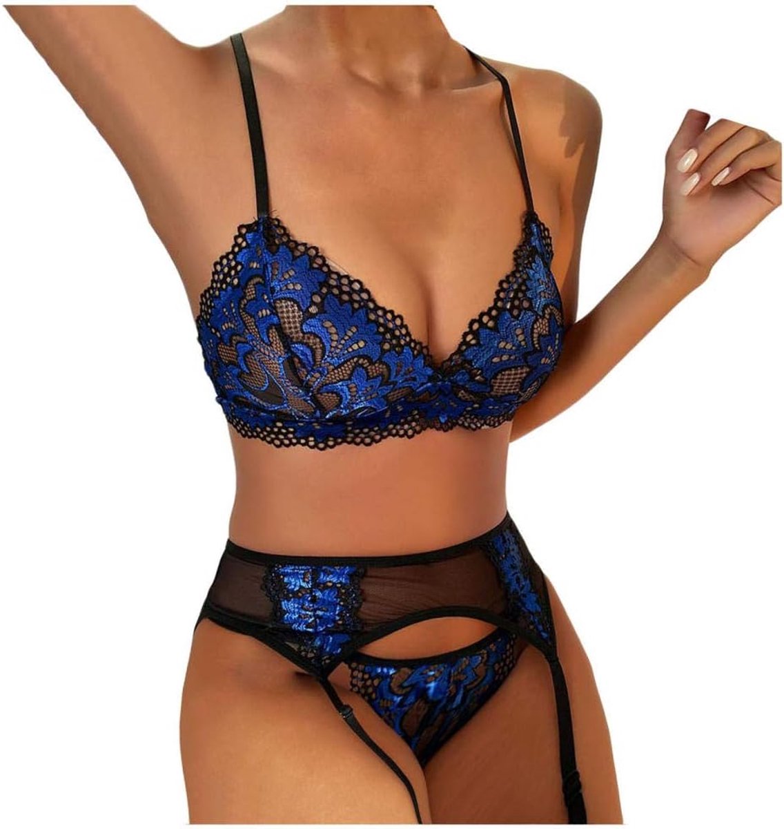 Babydolls, nachtjaponnen & negligés Dames Sexy Lingerie Kanten Mesh Ondergoed Kousenbanden V-hals 3pcs-Azul_M