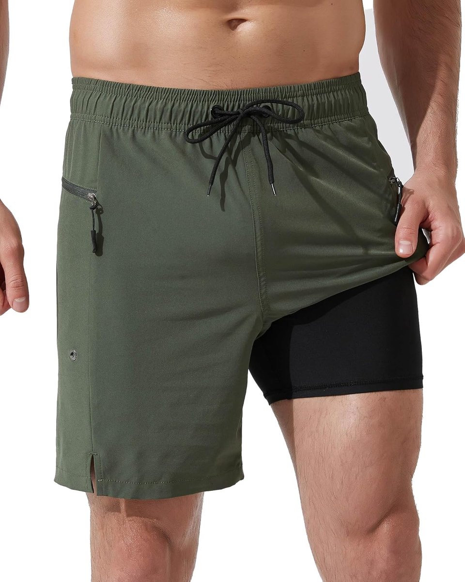Shorts voor heren met ritszakken, sneldrogende zwembroek met compressieling, dubbellaags zwemshort voor heren