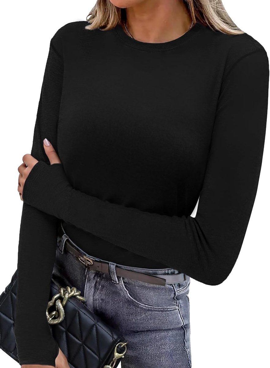 Sportshirt voor dames, lange mouwen, ronde hals, ademend, elastisch, zacht, thermisch, fitnessshirt met duimgat, workout, yoga, outdoor, herfst, winter, S-3XL