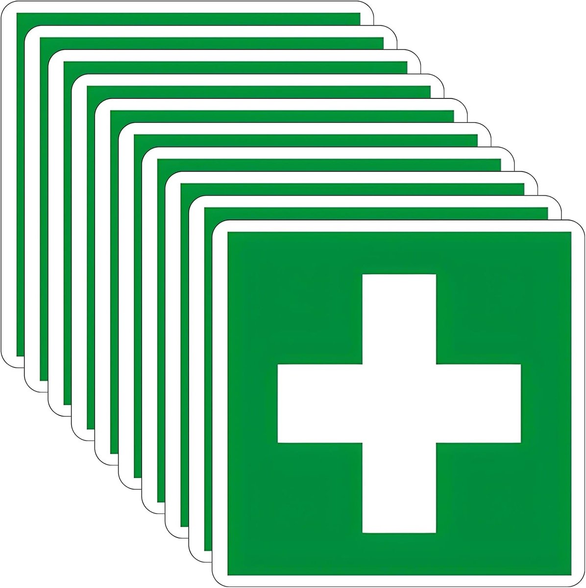 10 stuks EHBO-stickers 10 x 10 cm EHBO-bord PVC Groen Kruis Reddingsbord zelfklevend informatiebord voor EHBO-kit, waterdicht en slijtvast, Cassetta Pronto Soccorso Cartello in PVC,