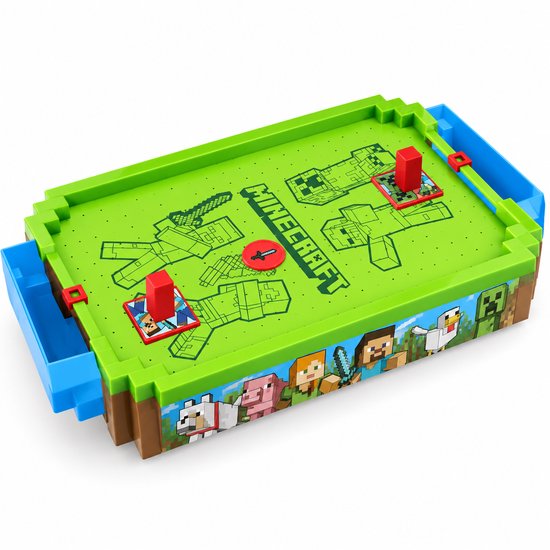 Een groen Minecraft-airhockeytafel met pixelachtige zijkanten, met Minecraft-personages en logo.