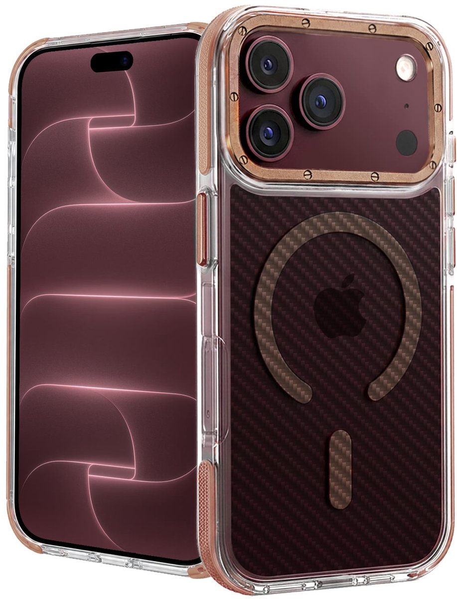 Hoesje - Geschikt voor Apple iPhone 18 Pro - Magsafe Compatible - Carbon Look - Sterk & Shockproof - Back Cover - Shock Proof Case - Telefoon Hoes Shockproof - Bruin