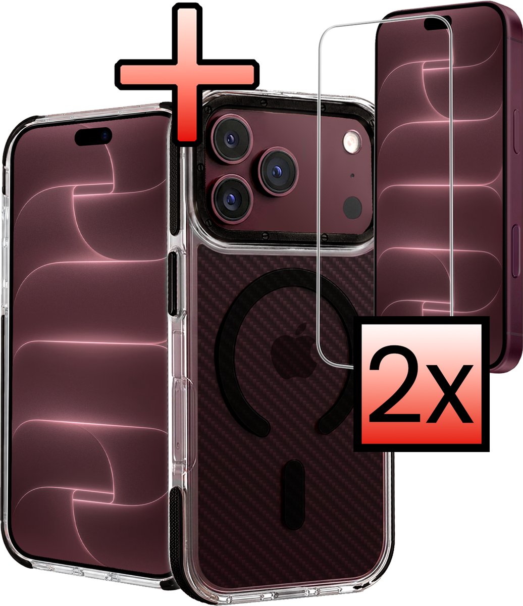 Hoesje - Met 2x Screenprotector - Geschikt voor Apple iPhone 18 Pro - Magsafe Compatible - Carbon Look - Sterk & Shockproof - Back Cover - Shock Proof Case - Telefoon Hoes - Zwart