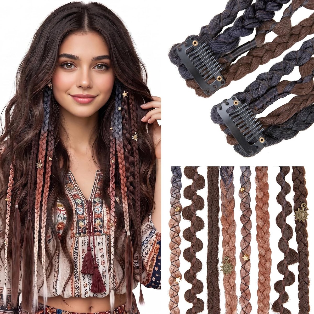 Elailite Extensie Clip in Boho Vlechten Haardelen 50cm 2 Stuks Bohemian Haarverlenging Braids Synthetische Dreads - ShopVlot