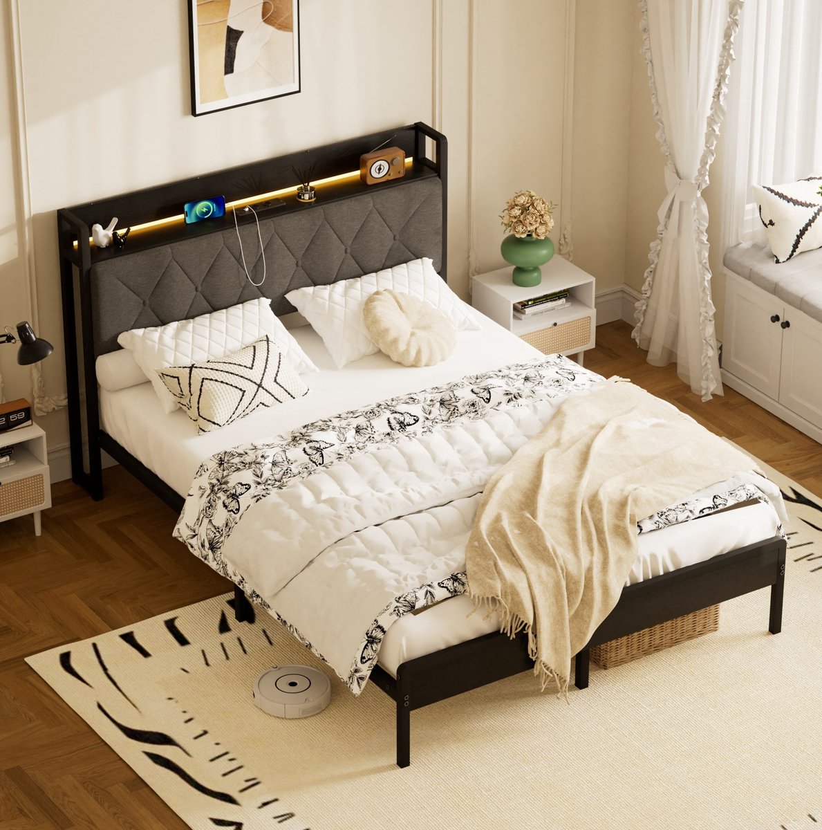 DESMIU Bed 140x190cm – LED-Verlichting, 2 Stopcontacten & 2 USB-Aansluitingen – Opbergruimte Onder Bed – Metalen Frame – Zwart/Grijs – Zonder Matras