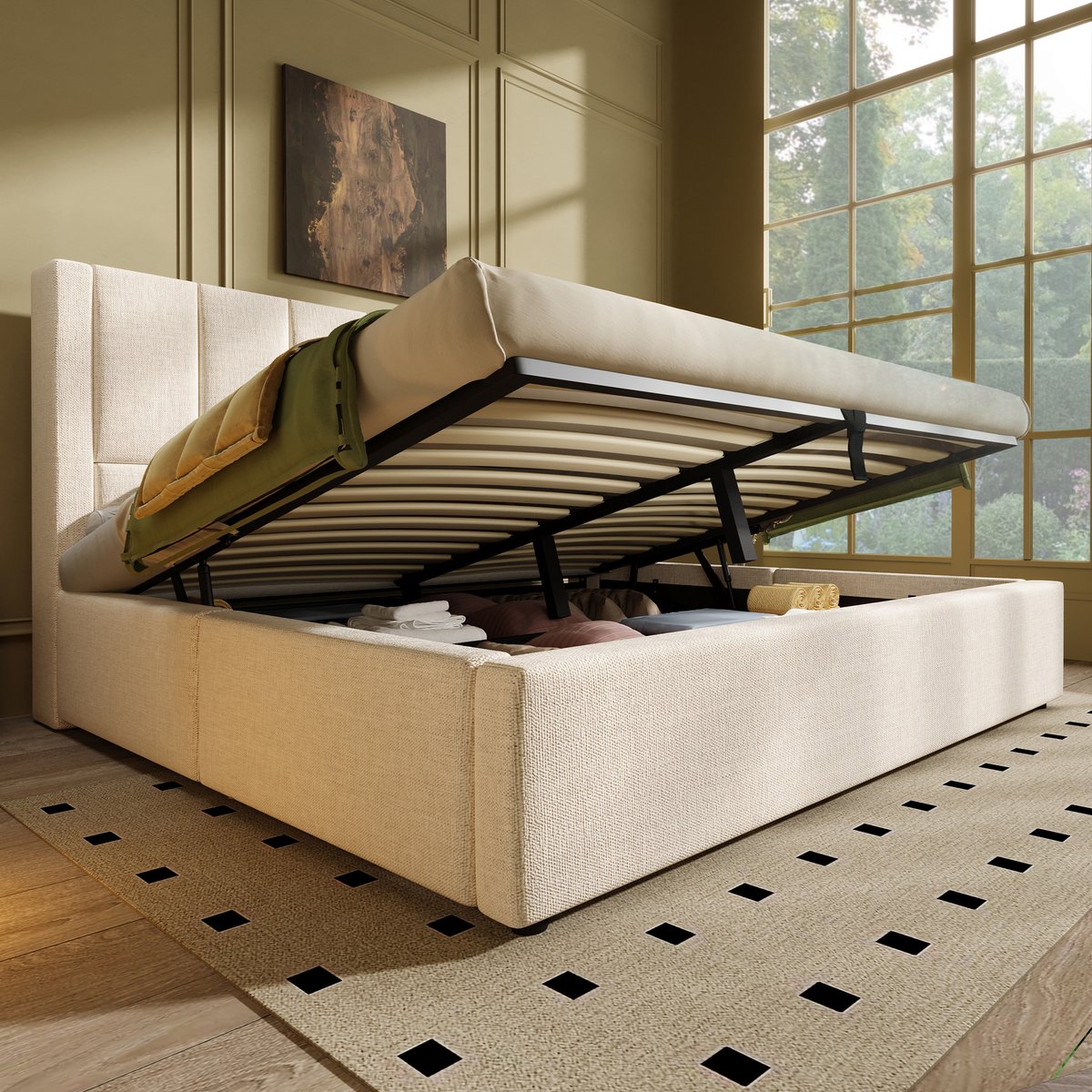 WUVRIE Gestoffeerd bed 160x200 cm met hydraulische opbergruimte, laadstation en lattenbodem, beige