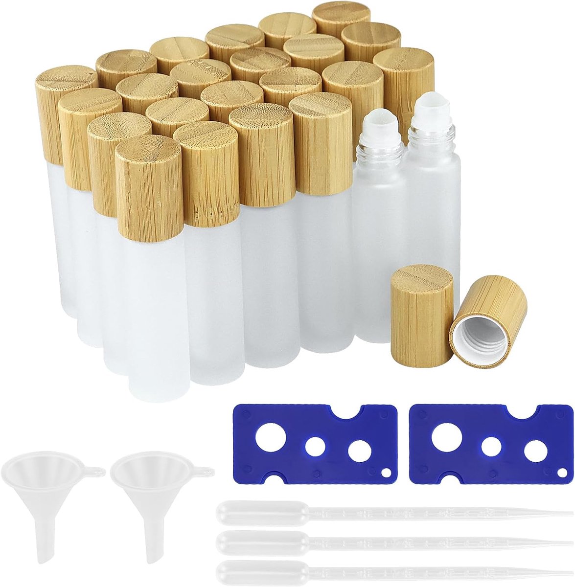Roll-on flessen, leeg, 10 ml, transparant, kleine roll-on fles met roestvrijstalen roller en bamboedeksel voor etherische olie, spa, massage, 25 stuks