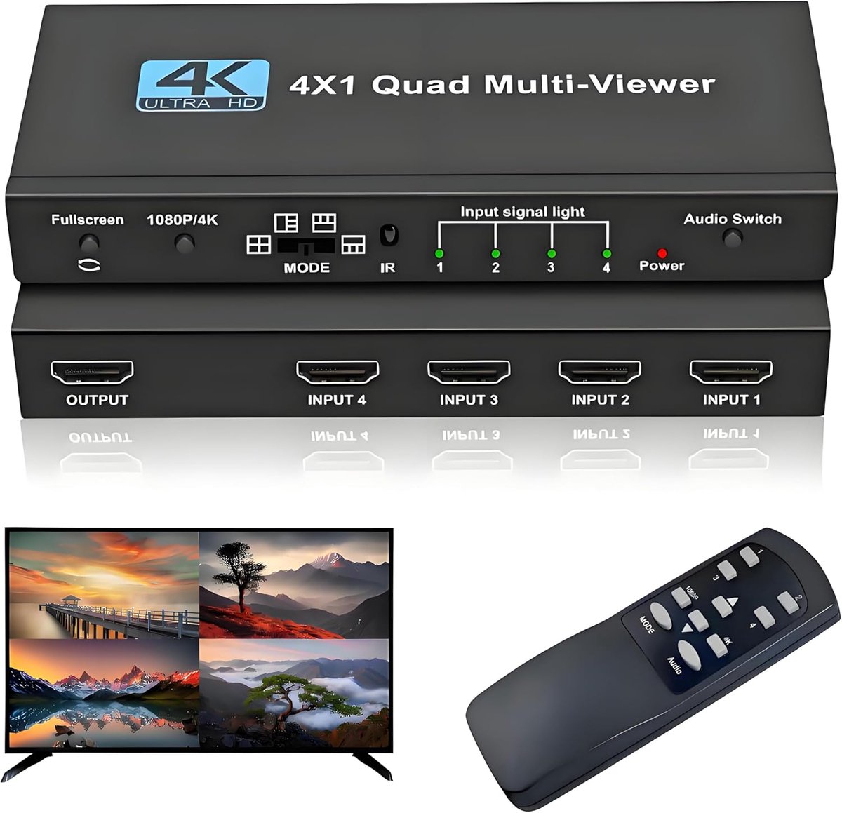 Multi-Viewer 4X1, Naadloze Switcher 4 in 1 Out, Quad Multi Viewer Switch met IR-afstandsbediening, ondersteunt 4K @30Hz, 1080P @60Hz, 5 weergavemodi Multiviewer Switch voor camera's, spelconsoles