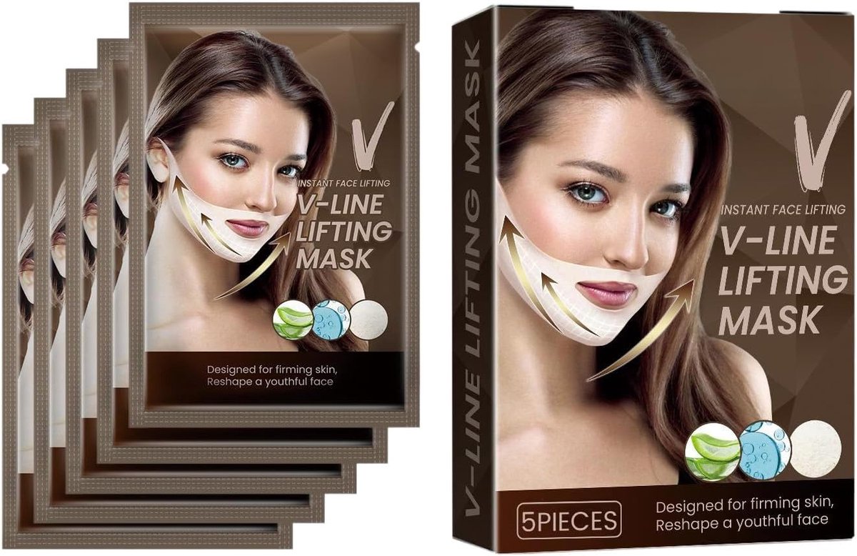 5PCS V-line Lifting Serum Mask, V-line-masker, Verstevigt En Strakt De Huid, Definieert De Gezichtscontouren, Verzacht Fijne Lijntjes, Voedt De Huid Diepgaand, Geschikt Voor Alle Huidtypes