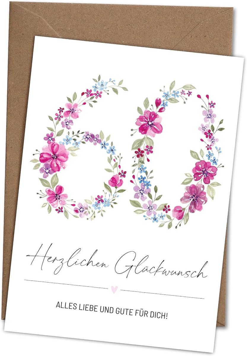 60 vrouw - wenskaart met handgeschilderd aquarelmotief bloemen jaren 60 - inclusief envelop