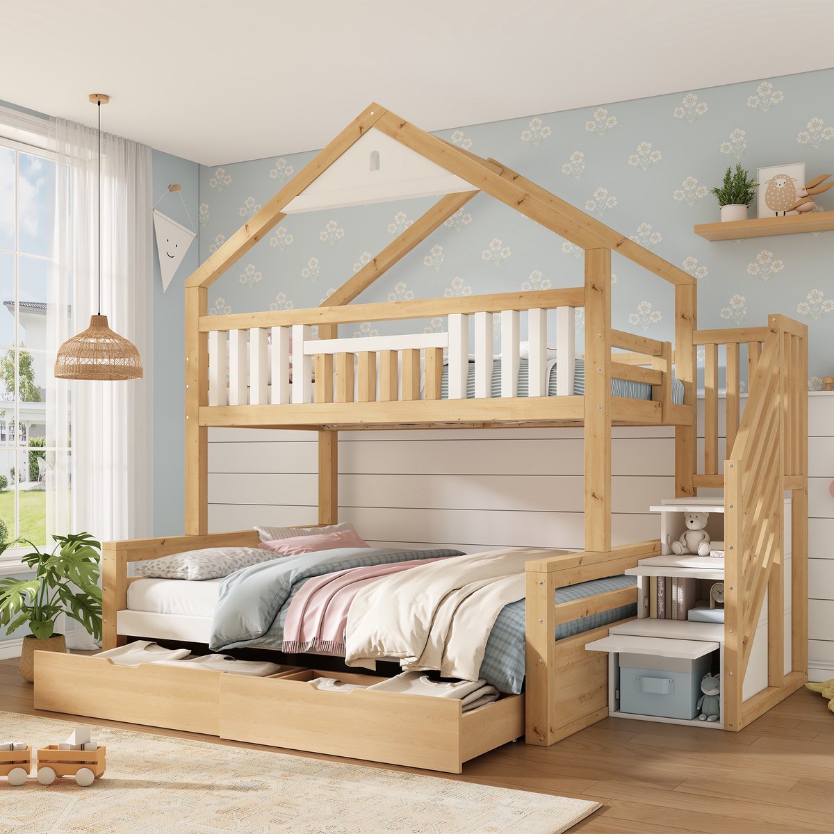 MODENUIT Kinderstapelbed – 90 x 200 en 140 x 200 cm – Hout en MDF – Wit en Eikenkleur – Met Trap en 2 Lades